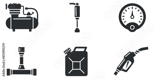 A collection of automotive and mechanical icons including a compressor, fuel gauge, and canister in flat black vector style, suitable for industrial and engineering projects