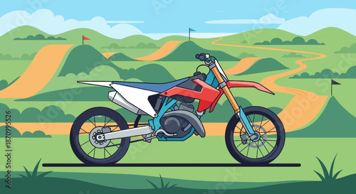 Dirt bike on a racing track with hills and flags in background