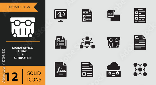 Digital office, forms, and automation solid icons for modern business and data management