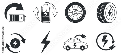 A collection of electric vehicle icons including battery, charging symbols, tire, and lightning in minimalist black and white vector style, ideal for automotive and technology applications