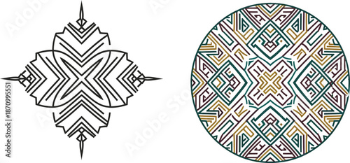 Intricate abstract symmetrical vector patterns, including a delicate black line art motif and a vibrant circular illustration with geometric and tribal-inspired elements, ideal for decorative art