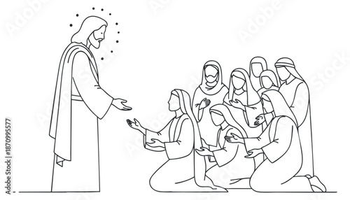 A line art illustration of Jesus interacting with a group of women in an outline style, suitable for religious themes and spiritual contexts