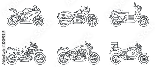 A collection of six motorcycle illustrations in outline vector style, suitable for automotive design and branding