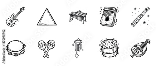 Hand-drawn musical instruments: guitar, xylophone, kalimba, tambourine, maracas, and more sketches