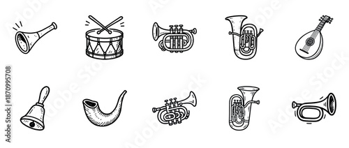 Collection of hand-drawn musical instruments including horn, drum, trumpet, and more
