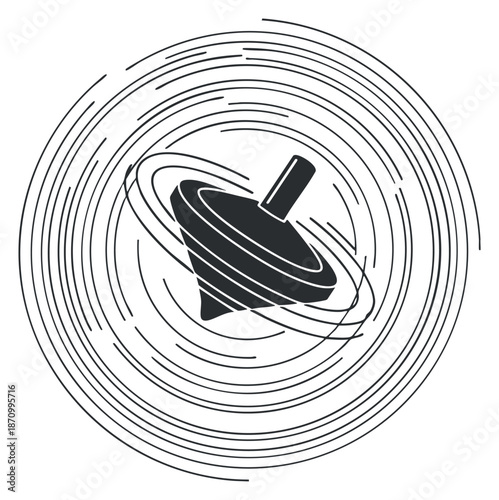 A spinning top toy in black and white minimalist vector style, ideal for playful graphic design and children's illustrations