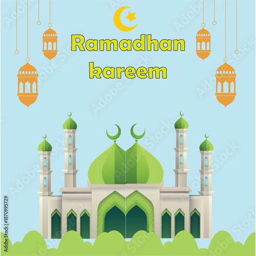 Ramadan greeting card vector with mosque background