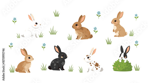 Charming pixel art illustration showcasing a variety of adorable rabbits in different colors and poses, nestled within a lush green field adorned with tiny blue flowers and blades of grass.