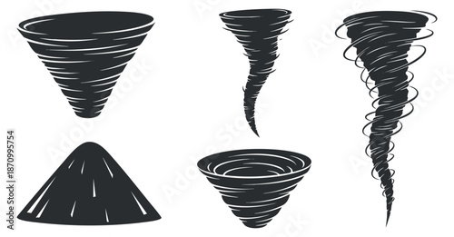 A set of tornado and whirlwind illustrations in black and white minimalist vector style, ideal for weather-related designs