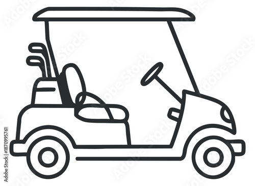 A golf cart illustration in minimalist black and white outline vector style, perfect for sports and leisure activities
