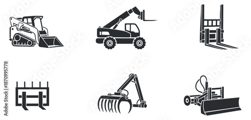 A set of construction equipment icons including a bulldozer, telehandler, forklift, crane, and loader in black and white vector style, ideal for industrial design and engineering projects