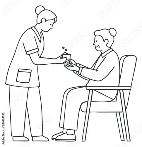 A nurse assisting a sitting patient with a medical treatment in clean line art vector style, suitable for healthcare materials