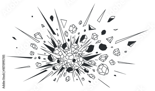An explosion graphic with debris and shards in clean black and white outline vector style, ideal for action and dynamic designs