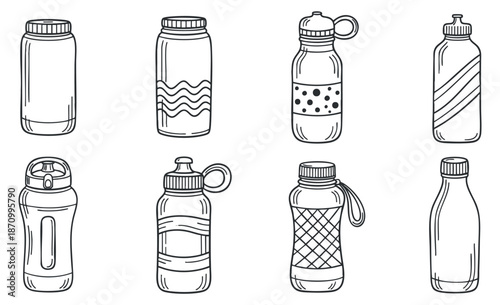 A collection of various water bottle illustrations in black and white outline style, suitable for fitness and health-related designs