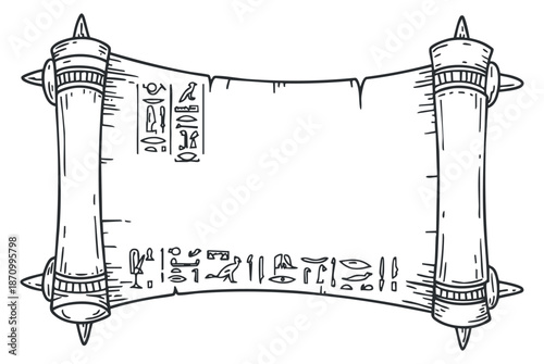 An ancient Egyptian scroll with hieroglyphs in minimalist line art vector style, suitable for educational materials and historical illustrations