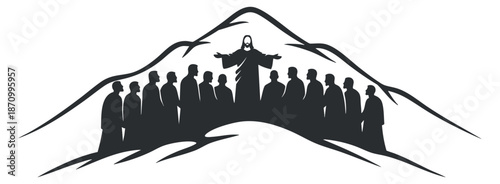 A silhouette illustration of Jesus speaking to his disciples on a mountain in black and white minimalist vector style, ideal for religious themes and designs