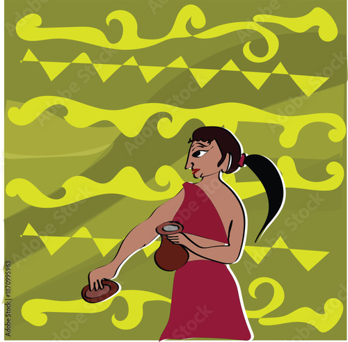  illustration of a woman with an amphora. The style is described as ethnic or traditional.