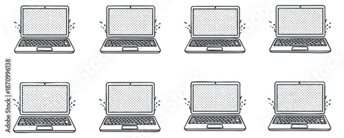 A set of eight outline style laptops in minimalist vector design, suitable for technology and digital workspace projects