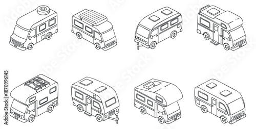A set of various camper vans and recreational vehicles in minimalist line art vector style, ideal for travel and adventure themes