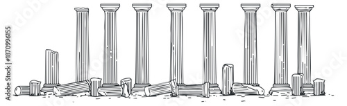 A set of ancient Greek columns and ruins in detailed black and white outline vector style, ideal for educational and historical projects