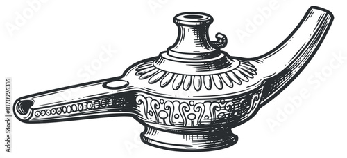 An ornate oil lamp in hand-drawn vintage style, suitable for cultural or historical themes and artistic projects