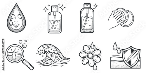 A collection of skincare and water-related icons in black and white outline vector style, ideal for beauty and health branding
