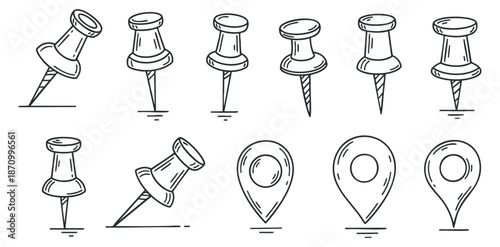 A collection of hand-drawn pushpins and location markers in a sketchy outline vector style, suitable for graphic design projects