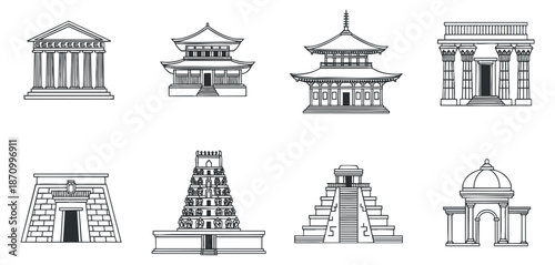 A collection of various architectural buildings and monuments in black and white outline vector style, perfect for educational and cultural projects