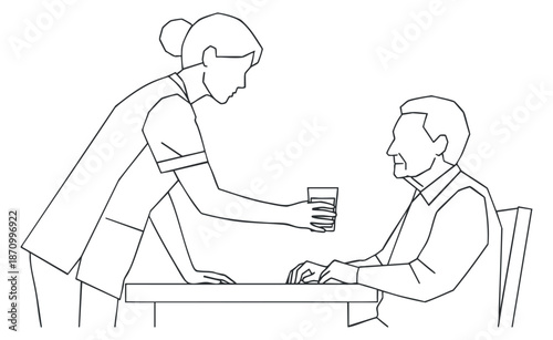 A caregiver assisting an elderly man with a glass of water in a minimalist line art vector style, ideal for healthcare illustrations