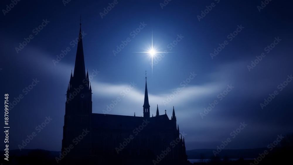 Fototapeta premium Gothic cathedral silhouette under a star-filled night sky