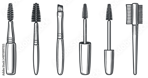 A collection of six various cosmetic brushes and applicators in black and white outline vector style, ideal for beauty and makeup branding