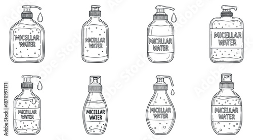 A set of micellar water bottles in black and white outline vector style, perfect for cosmetic branding and packaging design