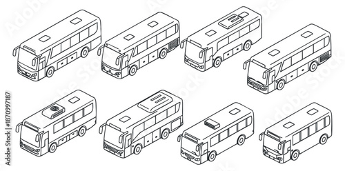 A collection of various bus designs in outline vector style, suitable for transportation and urban planning projects