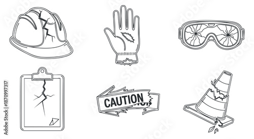 A collection of safety icons including a hard hat, goggles, caution sign, clipboard, and traffic cone in minimalist black and white vector style, ideal for workplace safety projects