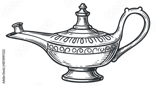 A vintage oil lamp with ornate design in hand-drawn sketch style, perfect for fantasy illustrations and storytelling projects