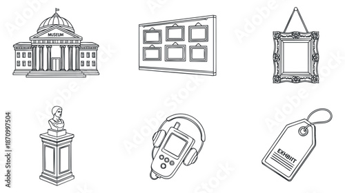 A set of museum-related icons including a building, frames, a statue, and digital display in minimalist black and white vector style, ideal for educational materials and cultural projects