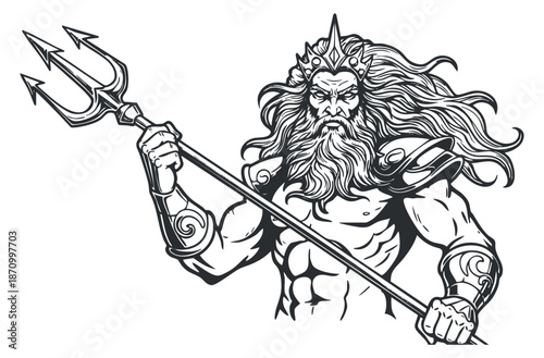 A powerful mythological god holding a trident with a long beard and crown in monochrome vector style, suitable for fantasy art projects