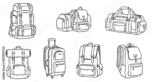 A collection of various backpack and luggage designs in minimalist outline vector style, suitable for travel and outdoor branding