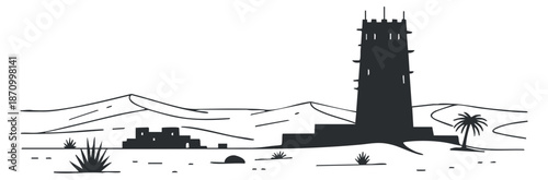 A desert landscape featuring a traditional tower and palm trees in minimalist black and white vector style, suitable for travel and cultural designs