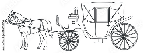 A horse-drawn carriage with a horse in outline vector style, suitable for vintage transportation themes and illustrations