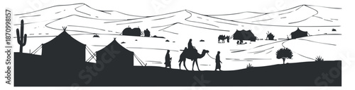 A silhouette of a desert landscape with camels and tents in minimalist black vector style, ideal for travel and adventure themes