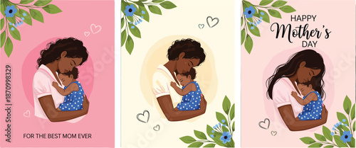 Happy Mothers Day illustration set showing loving mother and daughter bond floral greeting designs