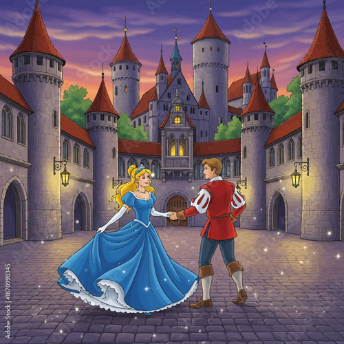 Royal Couple Dancing in Castle Courtyard at Sunset