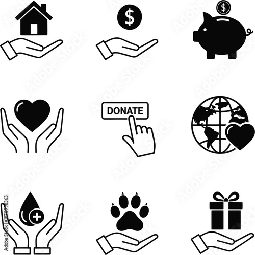 Charity donation and support icons illustration set showing giving help fundraising and social care concepts