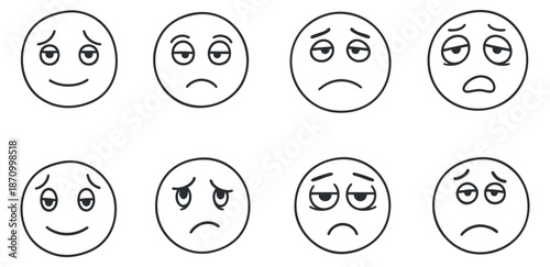 A collection of emotive facial expressions in line art minimalist vector style, suitable for digital communication and social media projects