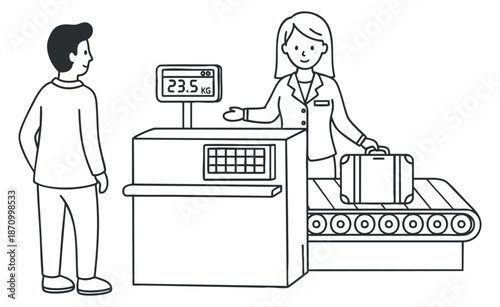 A check-in desk at an airport with a staff member assisting a passenger, in black and white flat vector style, suitable for travel and service-related projects