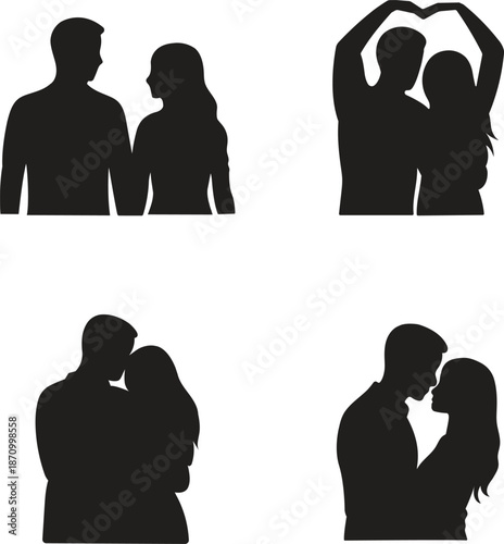 Couple silhouette in various pose like hugging, holding hand, in vector isolated doodle clip art for valentine, design, asset, material
