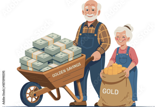 "Happy elderly couple with wheelbarrow full of cash bundles and sack of gold coins symbolizing golden savings and wealth"

flat vector illustration