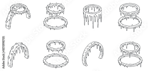 A set of circular spike traps in minimalist outline vector style, suitable for fantasy game design and illustrations