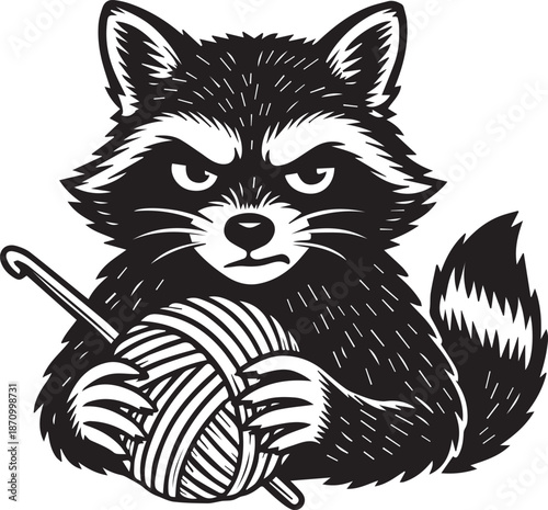 A funny raccoon with a crochet hook and a ball of yarn